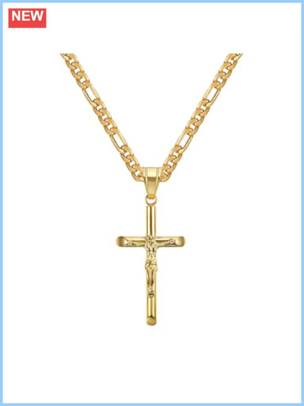 18k Gold Plated Stainless Steel Crucifix Cross Pendant Necklace 20" Figaro Chain